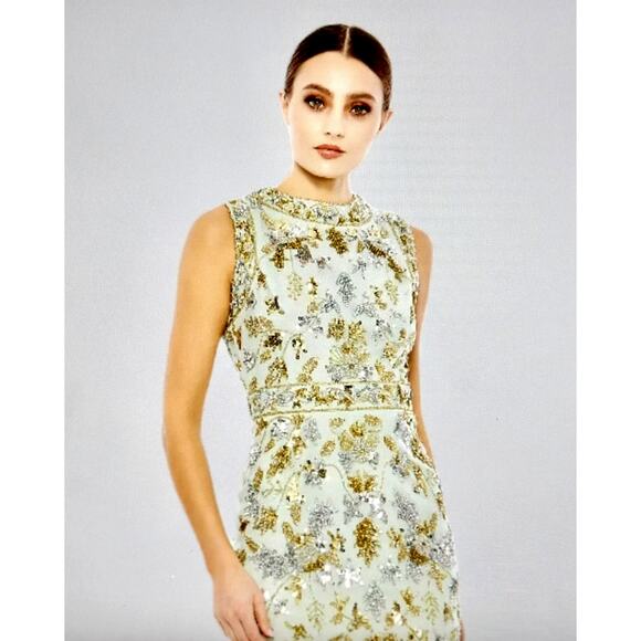 Mac Duggal Embellished High Neck Sleeveless Sheath Midi Dress Sage 14 - Picture 3 of 8